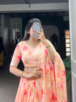 Thumbnail for Lorenvalley Peach Tabby Silk Floral Print With Lace Touch Up Lehenga Choli with Dupatta