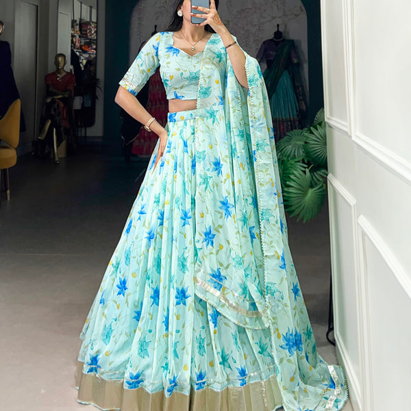 Lorenvalley Pista Tabby Silk Floral Print With Lace Touch Up Lehenga Choli with Dupatta - Distacart