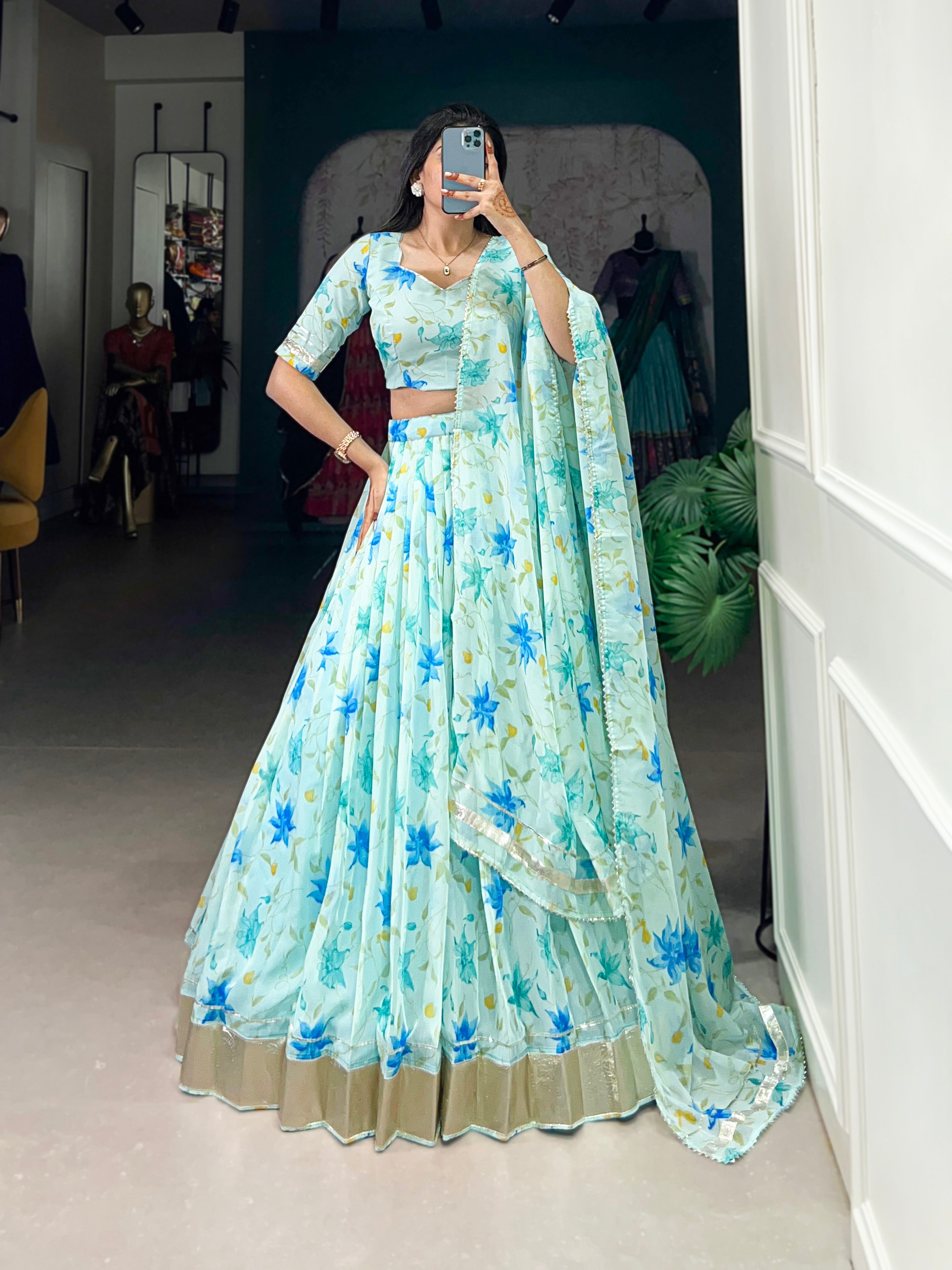 Lorenvalley Pista Tabby Silk Floral Print With Lace Touch Up Lehenga Choli with Dupatta - Distacart