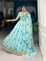 Thumbnail for Lorenvalley Pista Tabby Silk Floral Print With Lace Touch Up Lehenga Choli with Dupatta