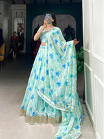 Thumbnail for Lorenvalley Pista Tabby Silk Floral Print With Lace Touch Up Lehenga Choli with Dupatta