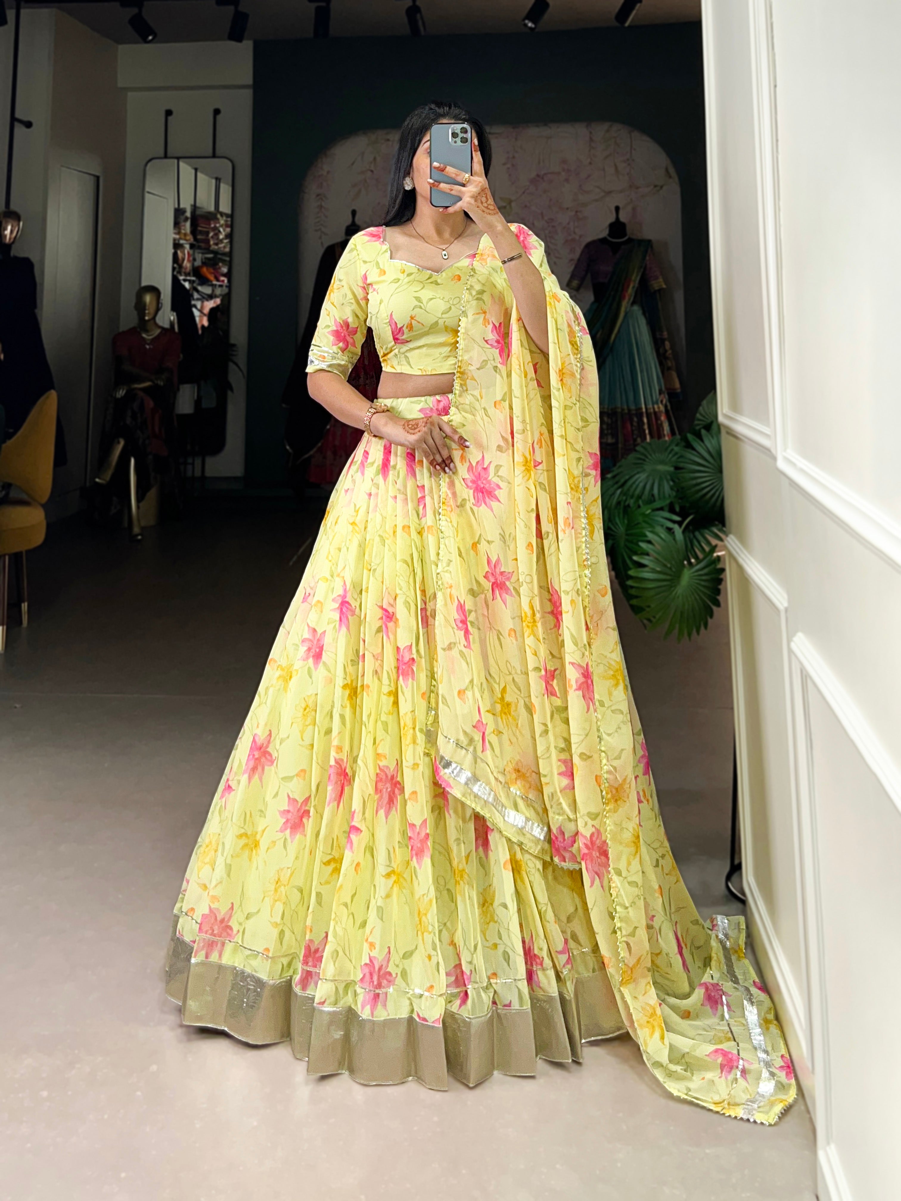 Lorenvalley Yellow Tabby Silk Floral Print With Lace Touch Up Lehenga Choli with Dupatta - Distacart