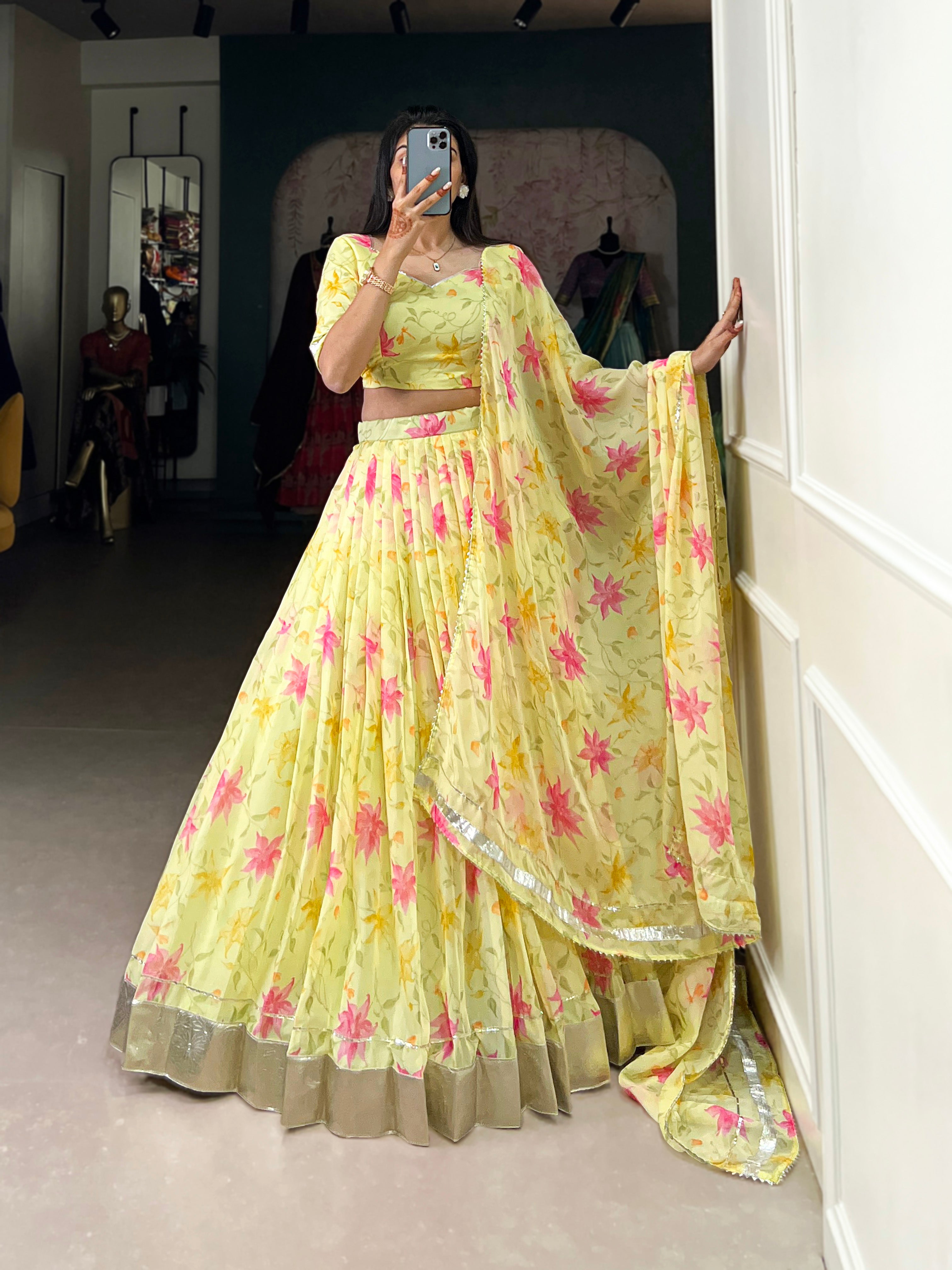 Lorenvalley Yellow Tabby Silk Floral Print With Lace Touch Up Lehenga Choli with Dupatta - Distacart