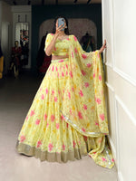 Thumbnail for Lorenvalley Yellow Tabby Silk Floral Print With Lace Touch Up Lehenga Choli with Dupatta