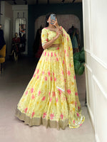 Thumbnail for Lorenvalley Yellow Tabby Silk Floral Print With Lace Touch Up Lehenga Choli with Dupatta