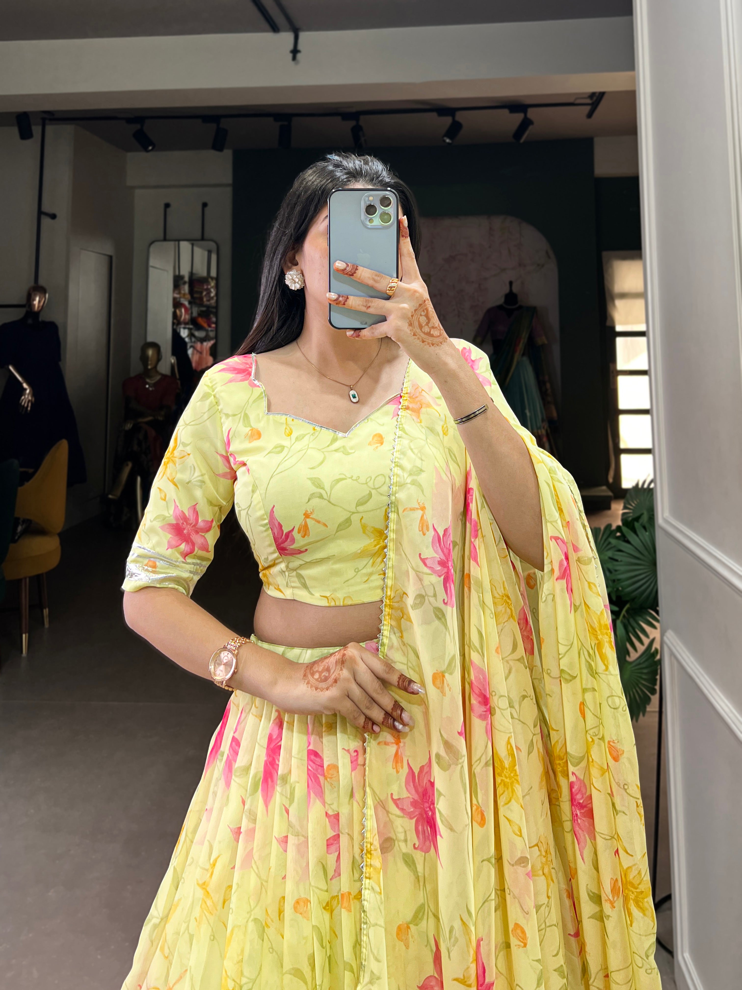 Lorenvalley Yellow Tabby Silk Floral Print With Lace Touch Up Lehenga Choli with Dupatta
