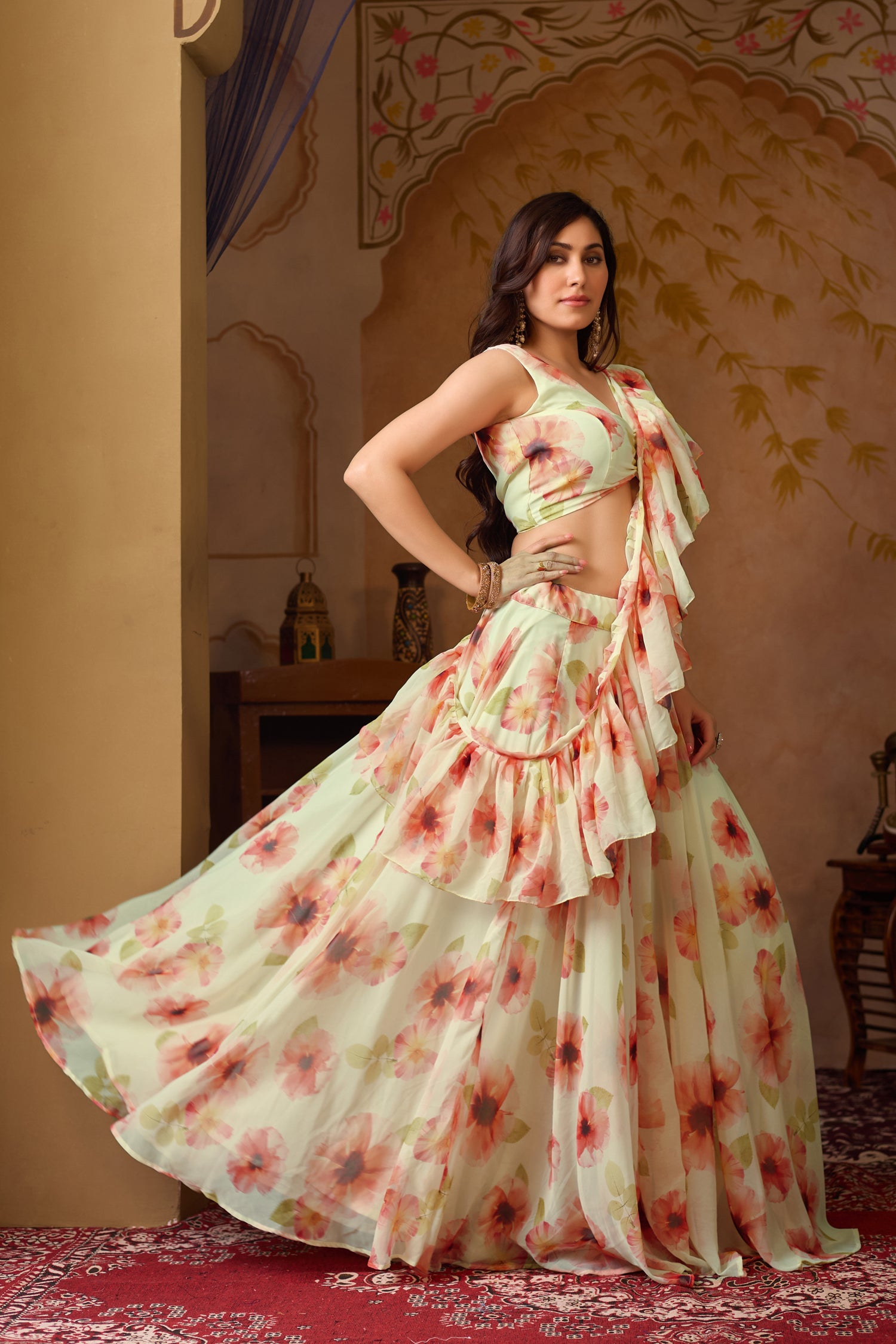 Lorenvalley Fashion Pista Georgette with Digital Printed Lehenga Choli with Dupatta