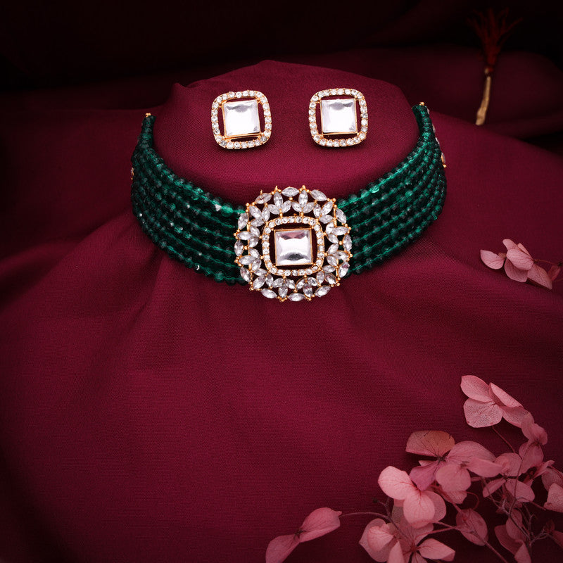 Tehzeeb Creations Brass Gold-Polished Gold, Green, White Jewel Set   - Distacart