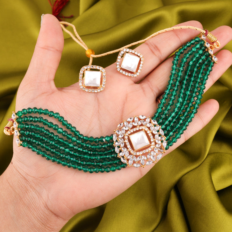 Tehzeeb Creations Brass Gold-Polished Gold, Green, White Jewel Set   - Distacart