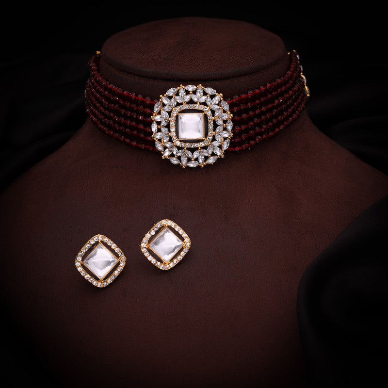 Tehzeeb Creations Brass Gold-Polished Gold, Maroon, White Jewel Set   - Distacart