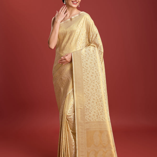 Monjolika Fashion Elegant Kanjivaram Traditional Indian Attire In Golden Beige Color Silk Saree - Distacart