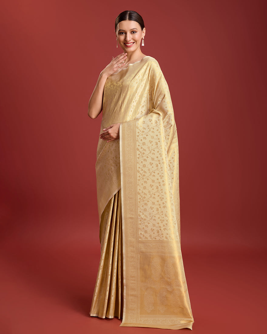 Monjolika Fashion Elegant Kanjivaram Traditional Indian Attire In Golden Beige Color Silk Saree - Distacart