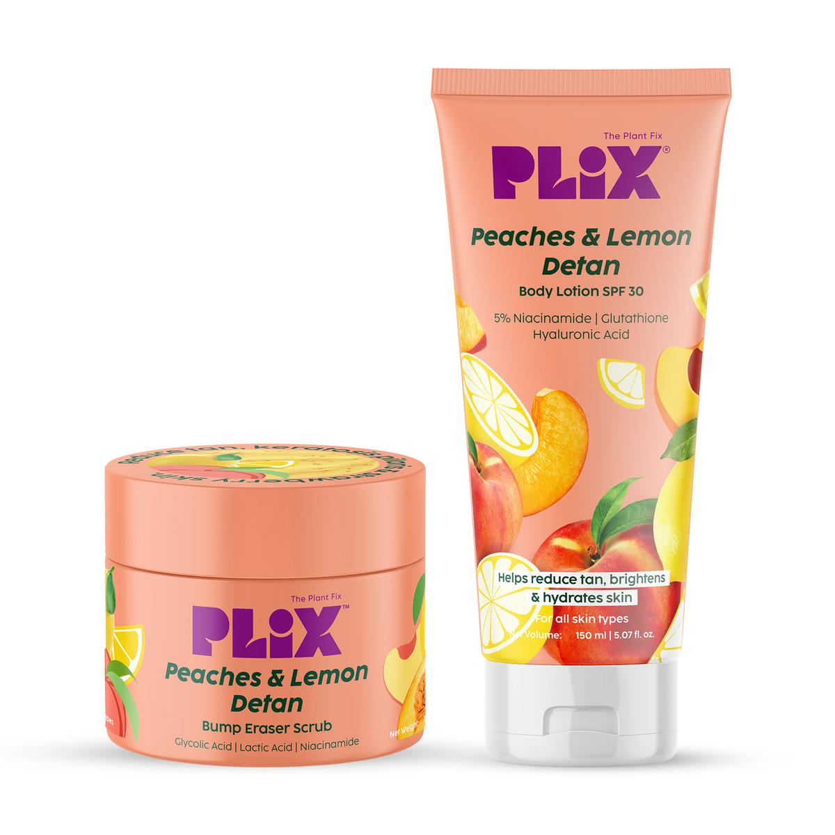 PLIX The Plant Fix Peaches & Lemon Detan Pair with Bump Eraser Body Scrub & SPF15 Body Lotion - Distacart