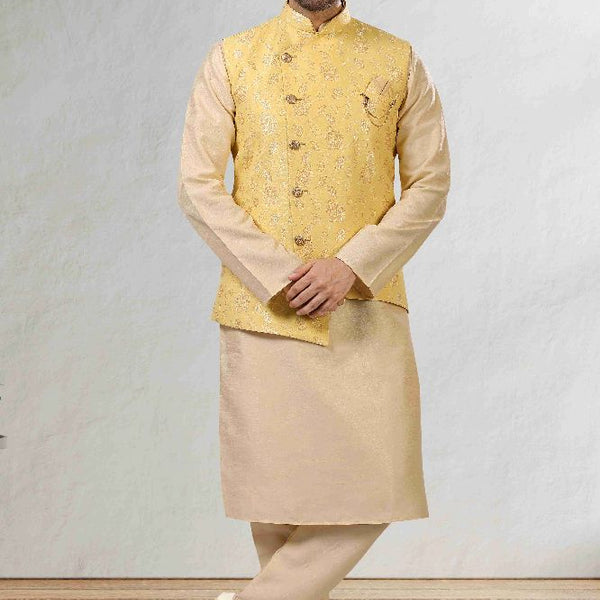 Raivat Ethnic Jacquard Banarasi Silk Woven Work 3 Pics Jacket Set In Yellow Colour - Distacart