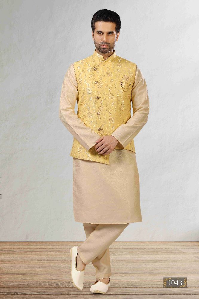 Raivat Ethnic Jacquard Banarasi Silk Woven Work 3 Pics Jacket Set In Yellow Colour - Distacart