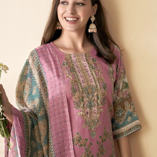 Anouk Pink Floral Printed Mirror Work Straight Kurta With Trousers & Dupatta - Distacart