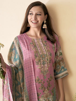Anouk Pink Floral Printed Mirror Work Straight Kurta With Trousers & Dupatta - Distacart