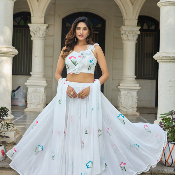 Lorenvalley Fashion White Georgette with Hand-painted Floral Design Lehenga Choli with Dupatta - Distacart