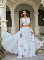 Thumbnail for Lorenvalley Fashion White Georgette with Hand-painted Floral Design Lehenga Choli with Dupatta
