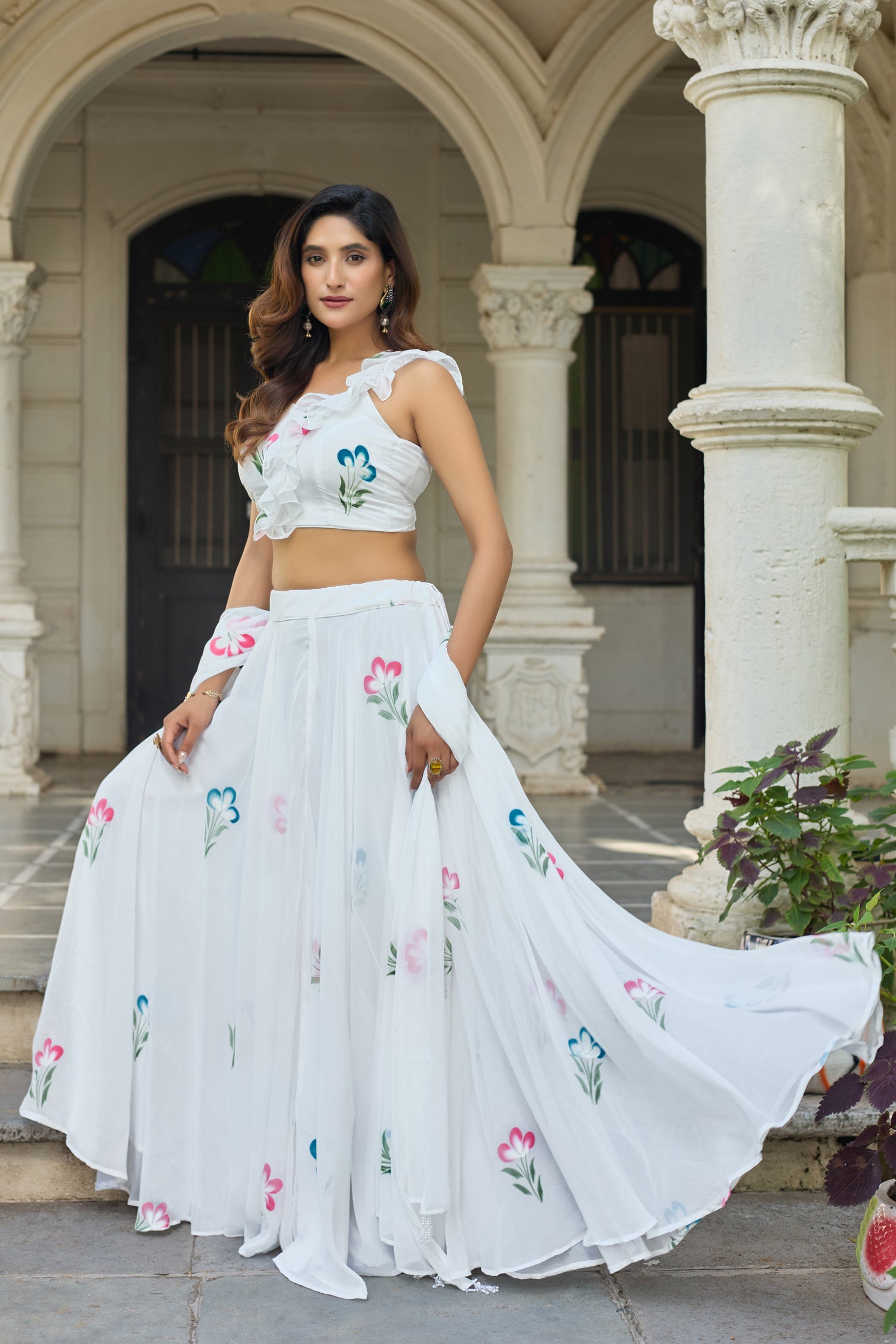 Lorenvalley Fashion White Georgette with Hand-painted Floral Design Lehenga Choli with Dupatta