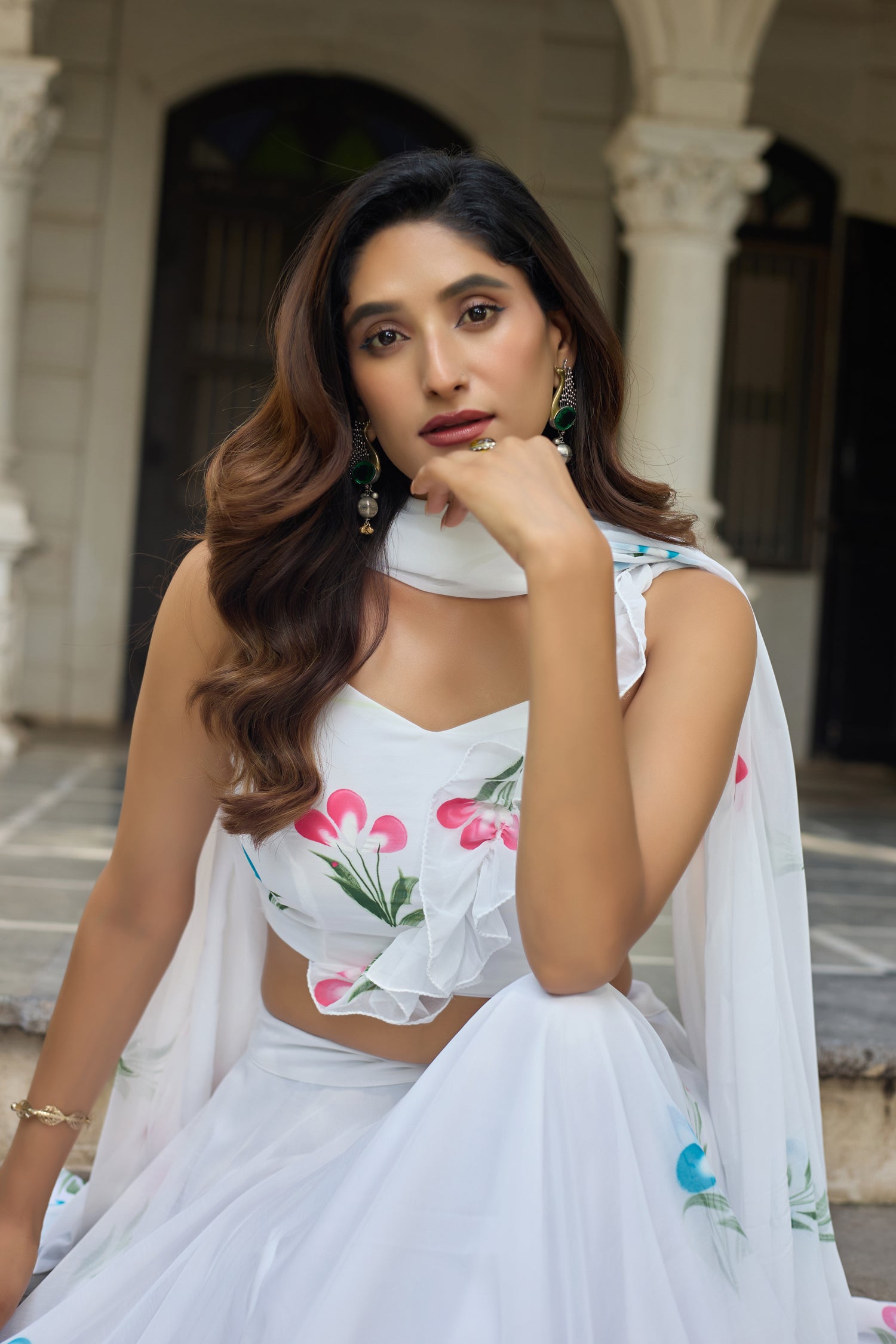 Lorenvalley Fashion White Georgette with Hand-painted Floral Design Lehenga Choli with Dupatta