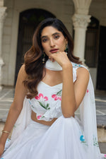 Thumbnail for Lorenvalley Fashion White Georgette with Hand-painted Floral Design Lehenga Choli with Dupatta