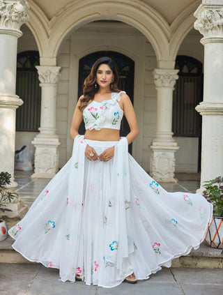 Lorenvalley Fashion White Georgette with Hand-painted Floral Design Lehenga Choli with Dupatta