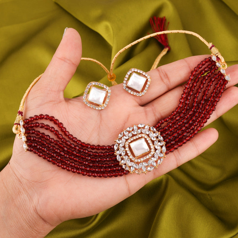 Tehzeeb Creations Brass Gold-Polished Gold, Maroon, White Jewel Set   - Distacart