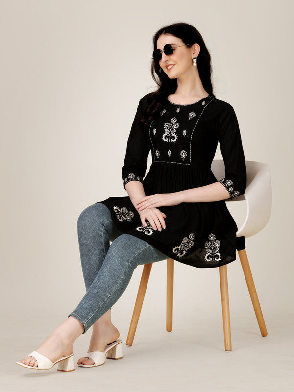 Malishka Women's Embroidered A-Line Black Tunic - Distacart