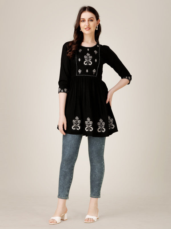 Malishka Women's Embroidered A-Line Black Tunic - Distacart