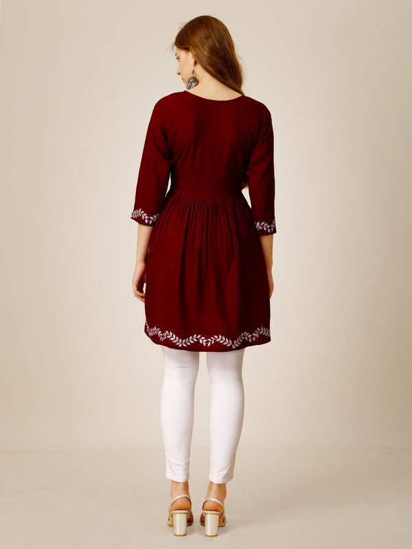 Malishka Women's Embroidered A-Line Maroon Tunic - Distacart