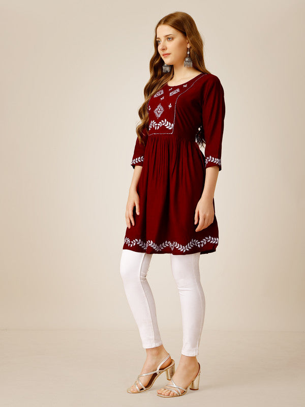 Malishka Women's Embroidered A-Line Maroon Tunic - Distacart