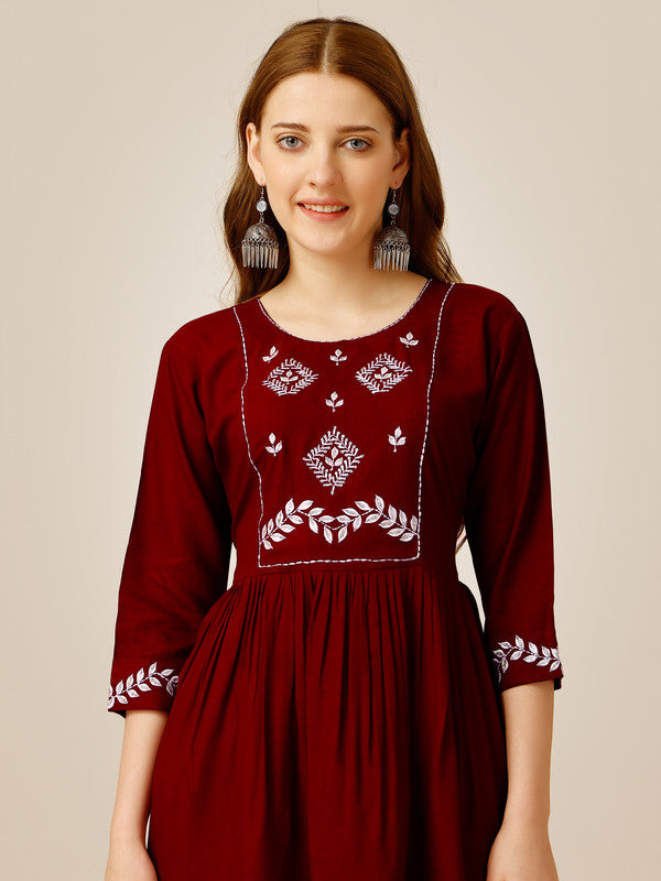 Malishka Women's Embroidered A-Line Maroon Tunic - Distacart