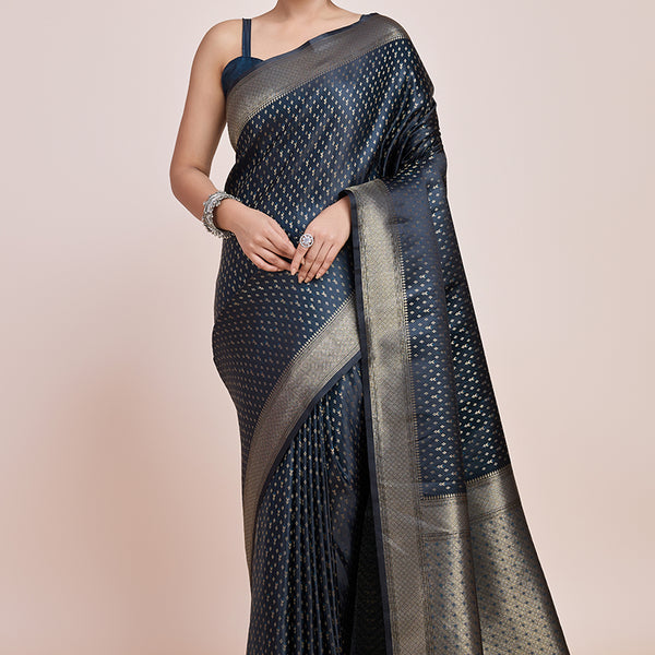 Monjolika Fashion Glamour And Tradition With This Zari Woven Dark Teal Color Banarasi Satin Silk Saree - Distacart