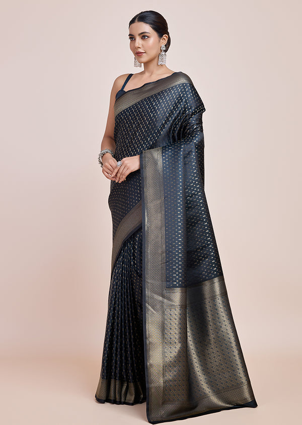 Monjolika Fashion Glamour And Tradition With This Zari Woven Dark Teal Color Banarasi Satin Silk Saree - Distacart