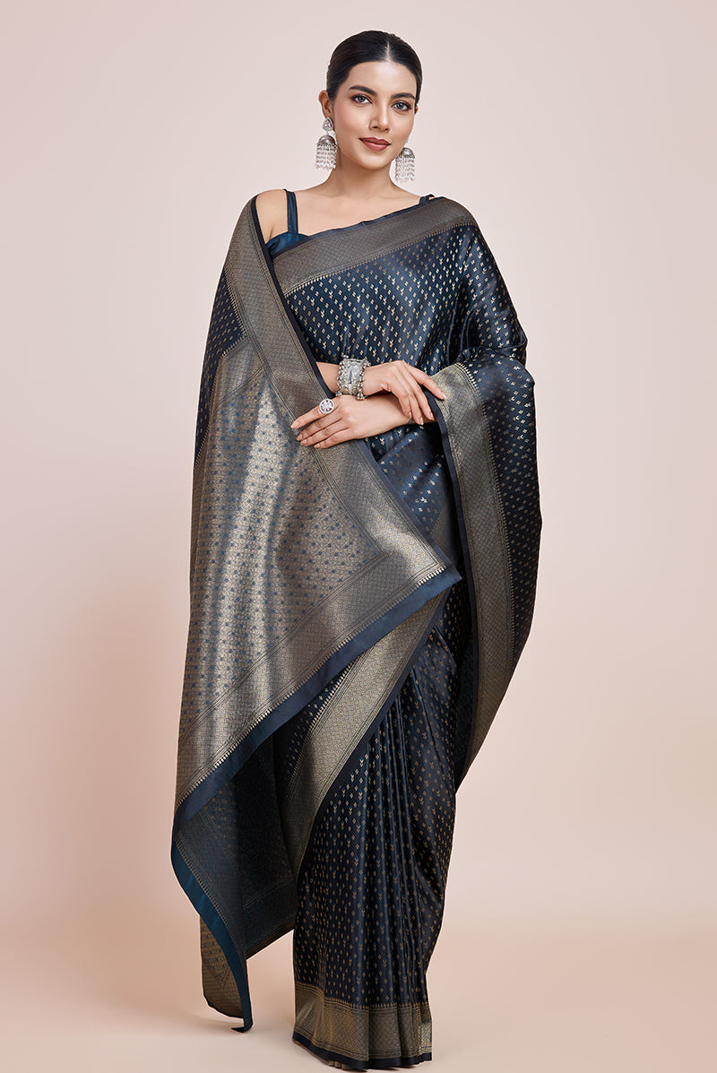 Monjolika Fashion Glamour And Tradition With This Zari Woven Dark Teal Color Banarasi Satin Silk Saree - Distacart