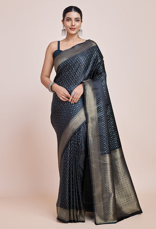 Monjolika Fashion Glamour And Tradition With This Zari Woven Dark Teal Color Banarasi Satin Silk Saree - Distacart
