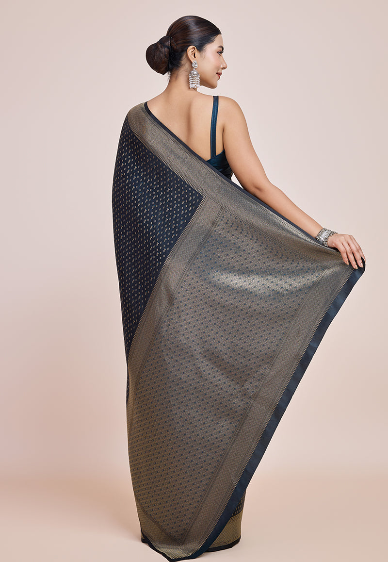 Monjolika Fashion Glamour And Tradition With This Zari Woven Dark Teal Color Banarasi Satin Silk Saree - Distacart