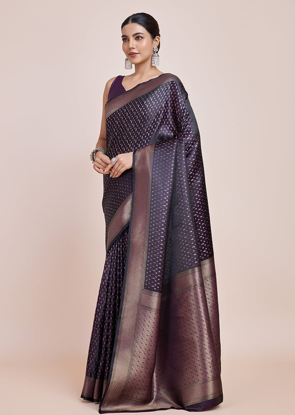 Monjolika Fashion Glamour And Tradition With This Zari Woven Darl Purple Color Banarasi Satin Silk Saree - Distacart