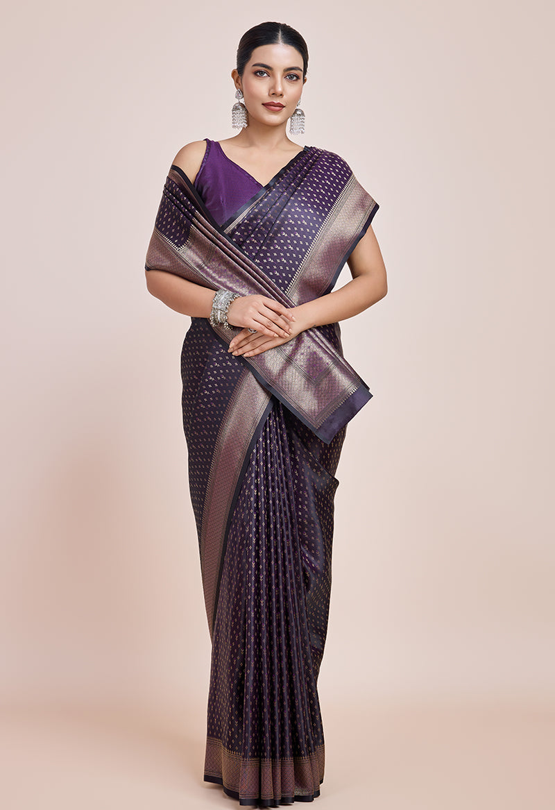 Monjolika Fashion Glamour And Tradition With This Zari Woven Darl Purple Color Banarasi Satin Silk Saree - Distacart