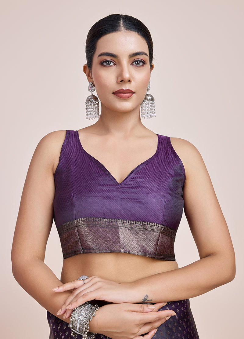 Monjolika Fashion Glamour And Tradition With This Zari Woven Darl Purple Color Banarasi Satin Silk Saree - Distacart