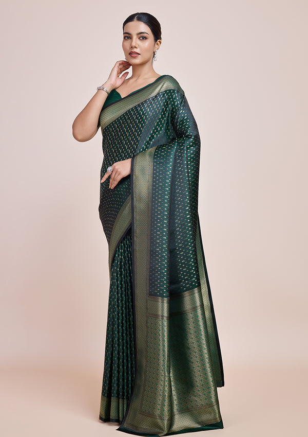 Monjolika Fashion Glamour And Tradition With This Zari Woven Dark Green Color Banarasi Satin Silk Saree - Distacart