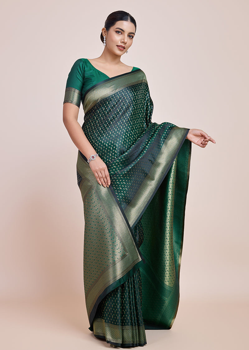 Monjolika Fashion Glamour And Tradition With This Zari Woven Dark Green Color Banarasi Satin Silk Saree - Distacart