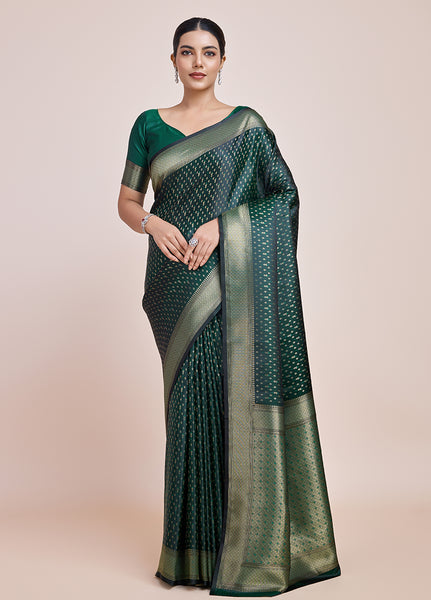 Monjolika Fashion Glamour And Tradition With This Zari Woven Dark Green Color Banarasi Satin Silk Saree - Distacart
