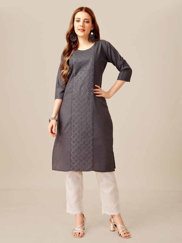 Malishka Women's Embroidered Cotton Blend Kurta Pant Set-Grey - Distacart