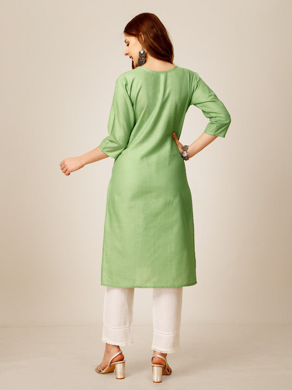 Malishka Women's Embroidered Cotton Blend Kurta Pant Set-Light Green - Distacart
