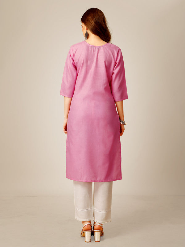 Malishka Women's Embroidered Cotton Blend Kurta Pant Set-Pink - Distacart