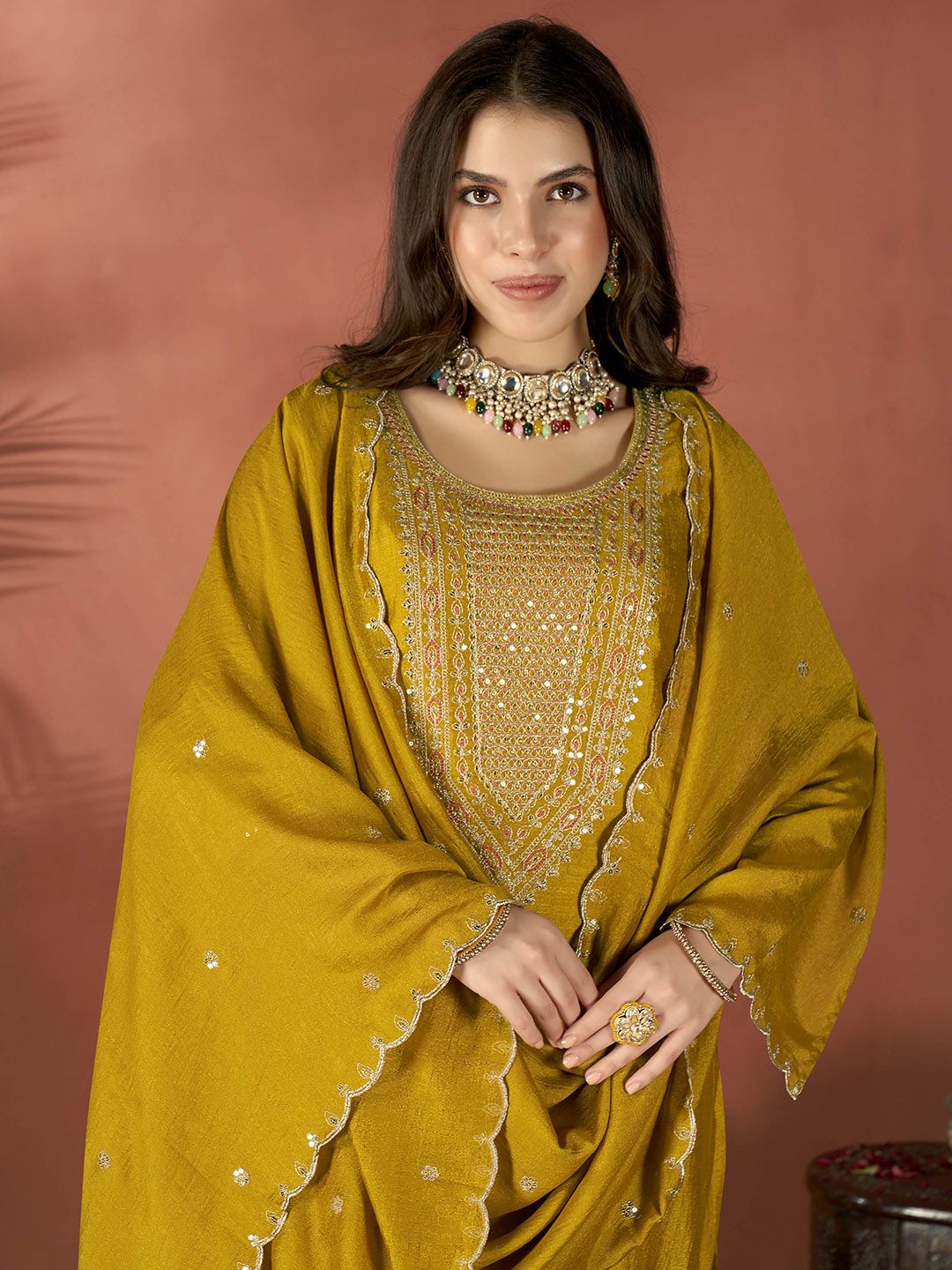 Vegaa Fashion Mustard Vichitra Silk Embroidered Salwar Suit