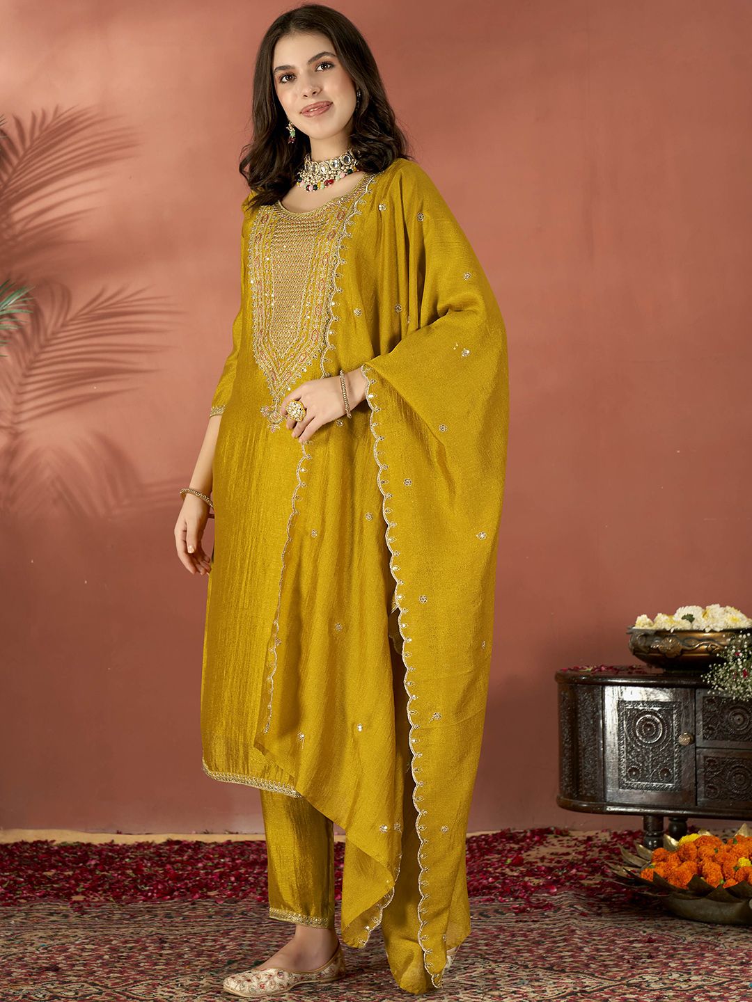 Vegaa Fashion Mustard Vichitra Silk Embroidered Salwar Suit