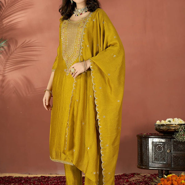 Vegaa Fashion Mustard Vichitra Silk Embroidered Salwar Suit